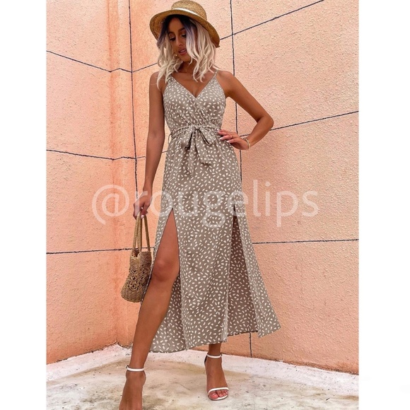 Khaki Spotted Print Long Dress V-Neck Tie Belt Cami  Leg Slit Faux Wrap - Picture 6 of 8